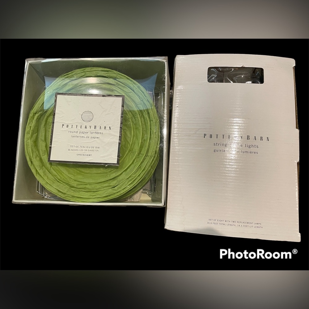 Pottery Barn (10) green paper lanterns and string lights that they attach to NIB